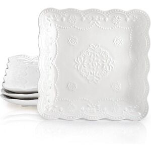 Elegant Embossed White Square Salad Dessert Plates Set of 4 Scalloped Edge